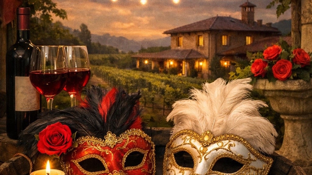 Venetian masks and red wine at a vineyard at sunset for the Because of Joey Mask for a Mission fundraising event